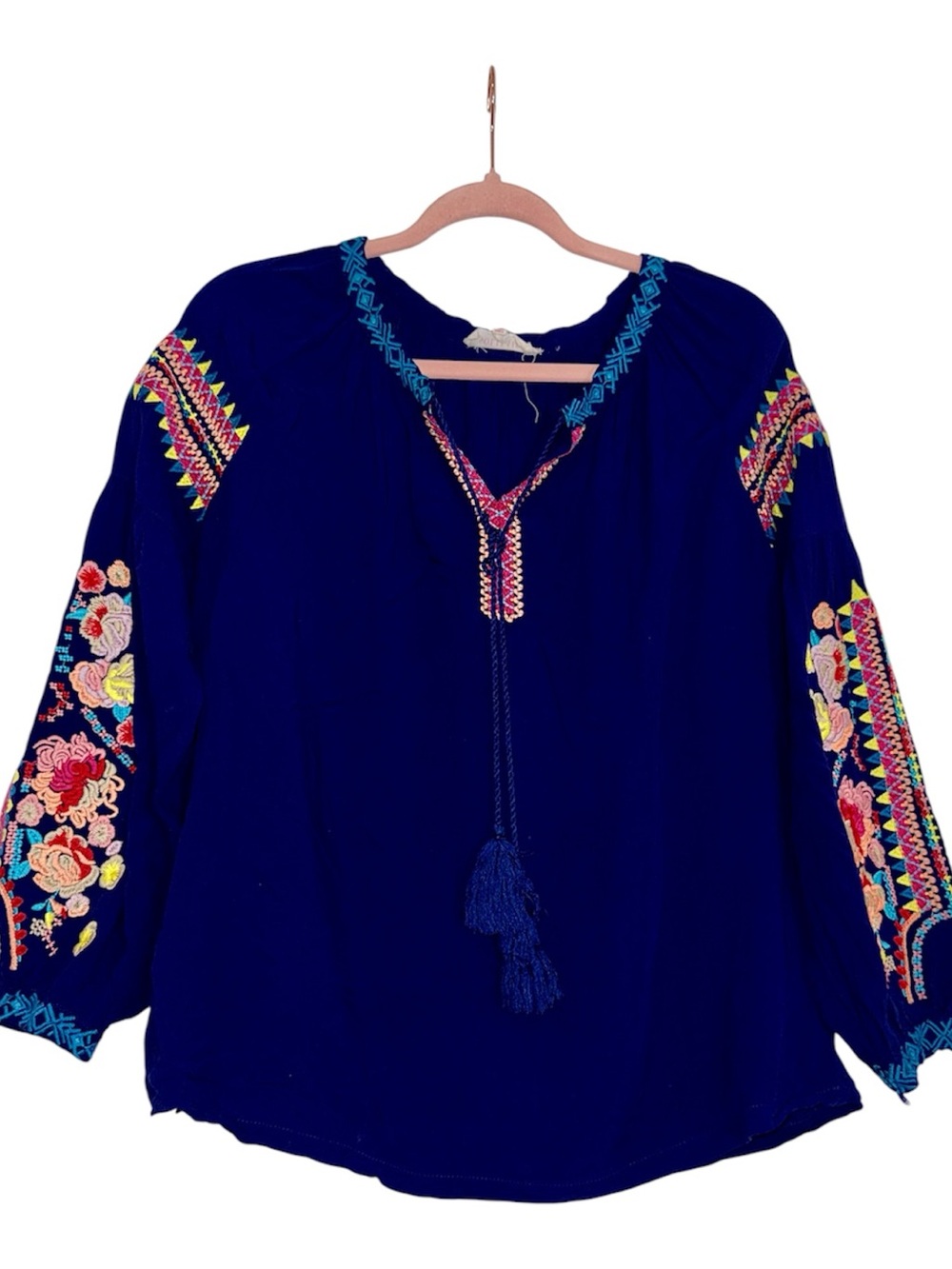 Embroidered Aztec & Floral Navy Peasant Blouse with Tassel Tie, Size Small, EUC